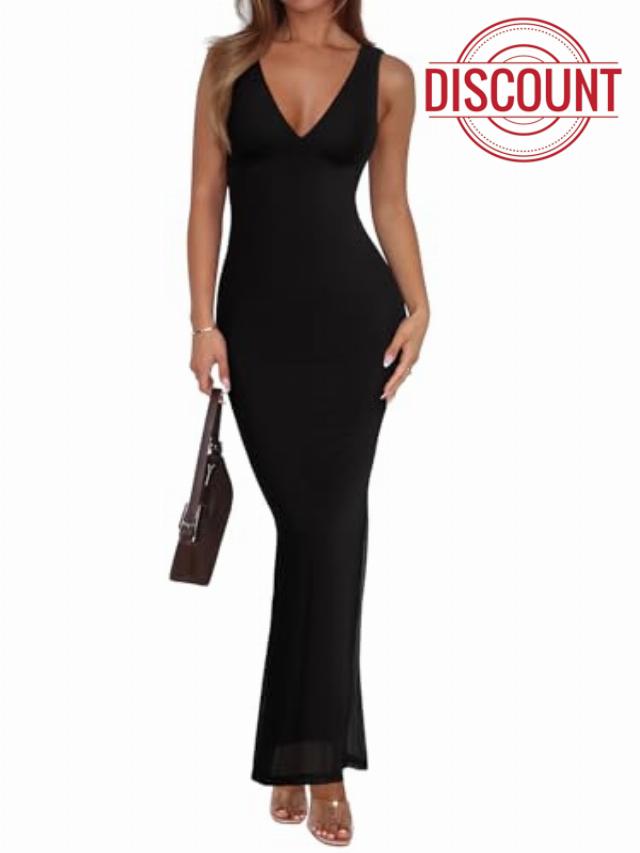 REORIA Women's Summer V Neck Sleeveless Wedding Guest Maxi Dress Sexy Mesh Bodycon Long Dresses