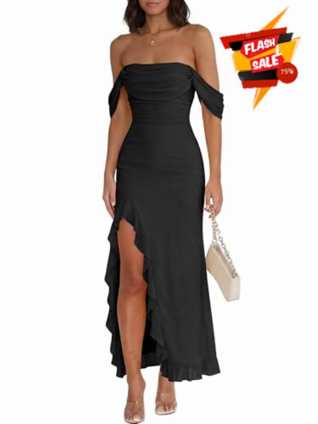 Caracilia Womens Summer Off The Shoulder Formal Bodycon Maxi Dresses High Slit Ruffle Hem Mesh Wedding Guest Cocktail Dress