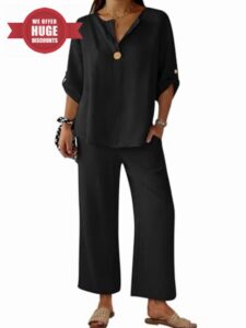 ANRABESS Womens Summer 2 Piece Lounge Sets 3/4 Sleeve V Neck Top Wide Leg Palazzo Pants Set 2026 Beach Travel Outfits