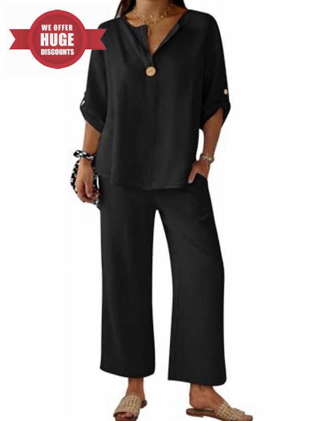 ANRABESS Womens Summer 2 Piece Lounge Sets 3/4 Sleeve V Neck Top Wide Leg Palazzo Pants Set 2026 Beach Travel Outfits