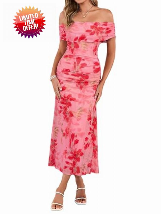 Simplee Womens Summer Floral Off Shoulder Maxi Dress 2026 Spring Ruched Bodycon Formal Wedding Guest Cocktail Dresses