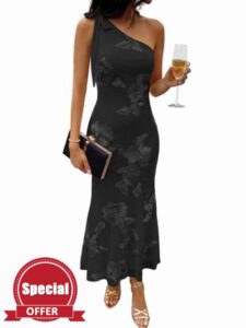 Caracilia Womens Floral One Shoulder Formal Dress Summer Elegant Bodycon Mesh Wedding Guest Cocktail Party Long Maxi Dresses