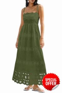 dowerme Womens Summer Maxi Dresses 2026 Casual Spaghetti Strap Smocked Eyelet Cotton Dress Long Beach Vacation Sundress