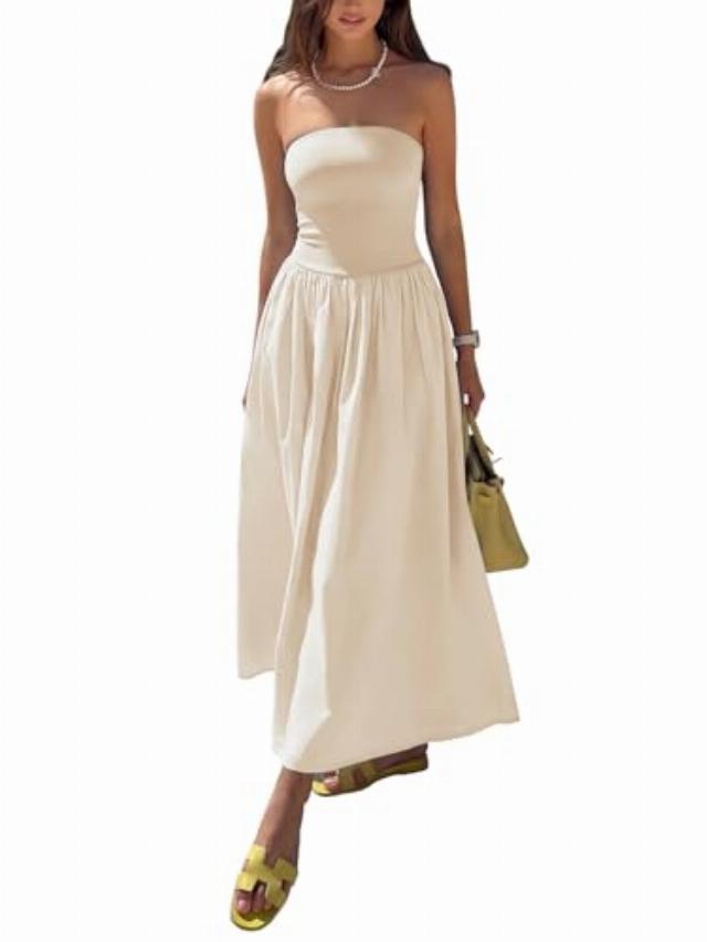 REORIA Women's Summer Tube Top Maxi Dress Sexy A Line Flowy Wedding Guest Long Dresses with Pockets