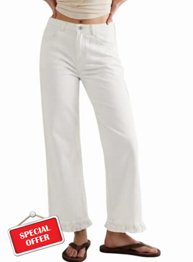 Sidefeel Womens Jeans Wide Leg High Rise Stretchy Jeans Ruffle Hem Straight Leg Denim Pants with Pockets