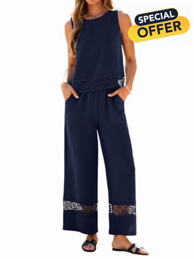 Glamaker Summer Pants Sets Womens 2 Piece Outfits Sleeveless Crop Top Round Neck Lace Wide Leg Beach Travel Set 2026