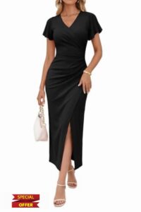 OWIN Women's Sexy V Neck Faux Wrap Ruffle Sleeve Bodycon Ruched Side Slit Cocktail Wedding Guest Party Maxi Dress