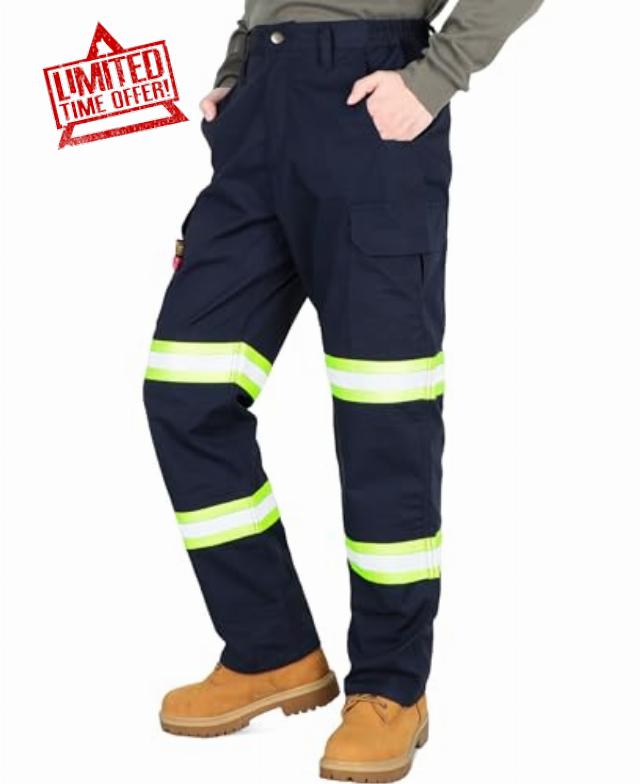 BOCOMAL Men's FR Pants Reflective High Visibility Cargo Pockets Relaxed Fit 7oz Lightweight Ripstop Flame Resistant Work Pa