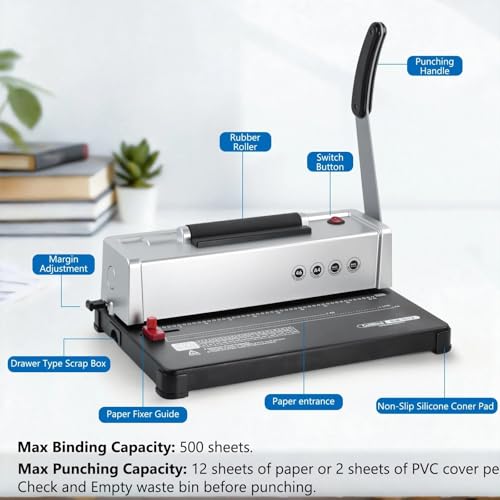 Book Binder Machine for A4/A5/Letter Size Paper with 100pcs 5/16'' 4:1 Pitch Plastic Coil Spines & Plie