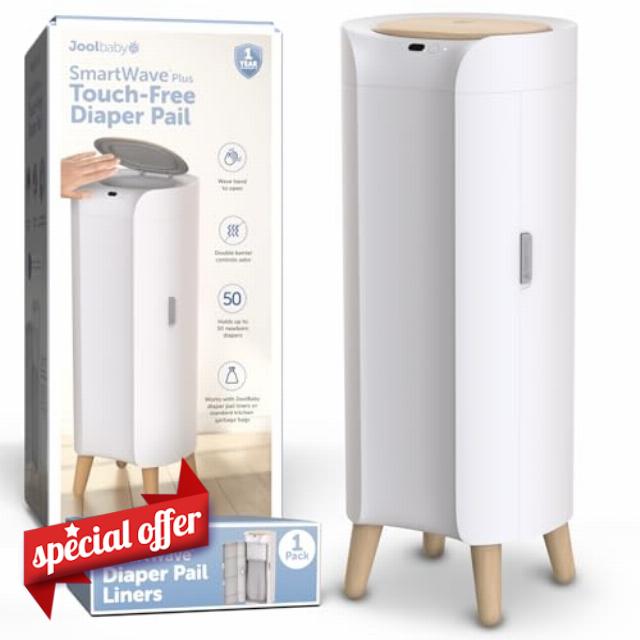 Jool Baby SmartWave Plus Diaper Pail & Refill – Motion Sensing Lid with Odor Lock – Compatible with Regular Trash Bags – Holds up to 50 Newborn Diapers