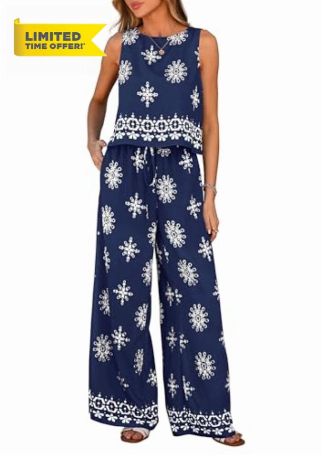 PRETTYGARDEN Women's 2026 Summer 2 Piece Lounge Sets Boho Floral Tank Tops Flowy Wide Leg Pants Travel Beach Vacation Outfits
