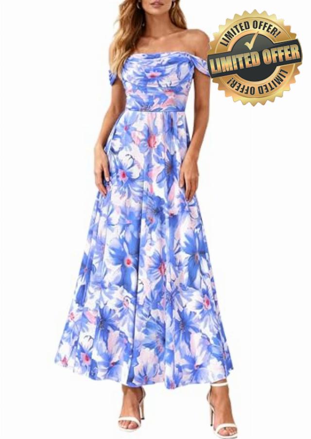 PRETTYGARDEN Womens Off Shoulder Maxi Summer Dresses 2026 Elegant Mesh Aline Swing Ruched Flowy Cocktail Wedding Guest Dress