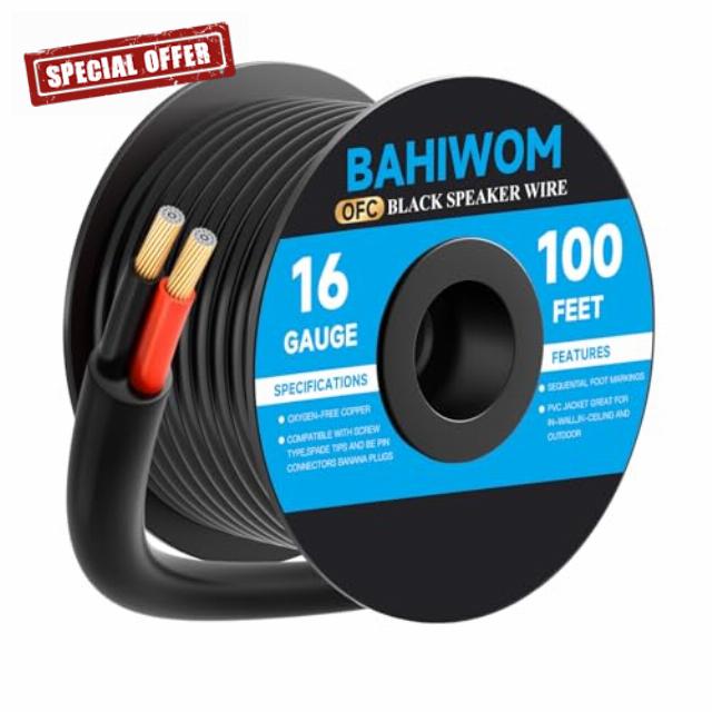 16 Gauge Speaker Wire 100ft CL3 Rated OFC 2-Conductor Speaker Cable Polarity Marked Copper Wire for Outdoor Garden Car Home in-Wall Commercial Systems