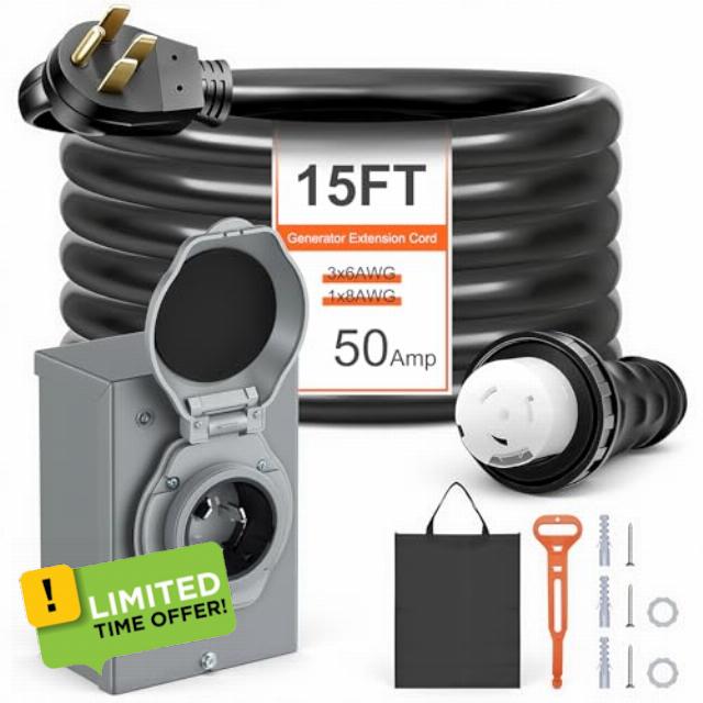 50 Amp Generator Cord & Power Inlet Box Kit - Upgrade Heavy Duty Generator Extension Cord STW 6/3+8/1 Gauge NEMA 14-50P/SS2-50R with Twist Lock Connector & Pre-Drilled Inlet Box Kit ETL Listed15f