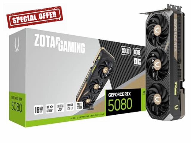 ZOTAC Gaming GeForce RTX 5080 Solid CORE OC DLSS 4 16GB GDDR7 256-bit 30 Gbps PCIE 5.0 Gaming Graphics Card