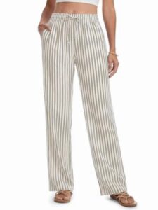 SEVEGO Tall Women 32"/34"/36" Inseam Striped Linen Pants Elastic Waist Wide Leg Pants Casual Summer Beach Trousers