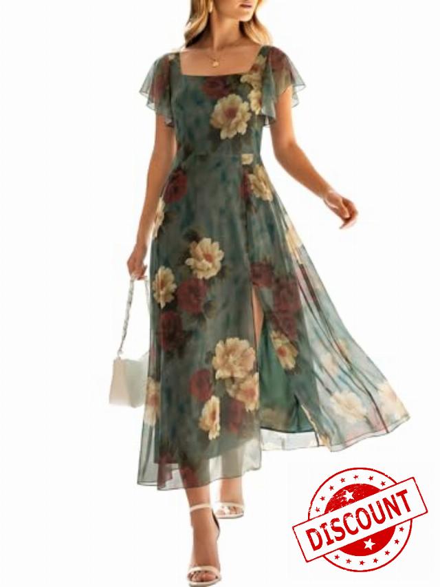 Caracilia Women Square Neck Floral Tulle Wedding Guest Bridemaid Dresses Summer Ruffle Sleeve High Slit Formal Midi Dress