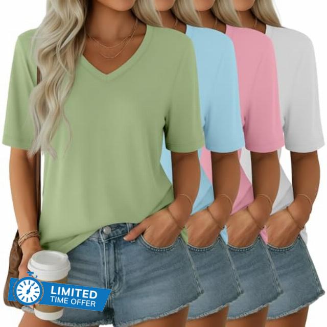 Ficerd 4 Pack Women's Half Sleeve V Neck Tops Elbow Length Loose Fit Shirts Casual Trendy Summer Straight Hem Basic Tees