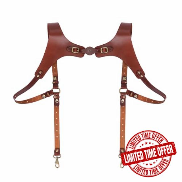 TOURBN Men's Genuine Leather Harness Suspenders - Adjustable Vintage Braces with Brass Hooks for Pants