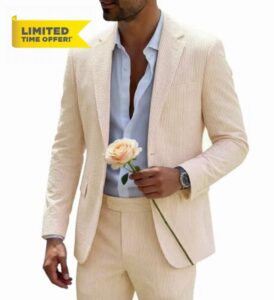 Men's Seersucker Summer Suit 2 Piece Slim Fit Pinstripe Casual Jacket & Pants for Beach Wedding/Summer Wedding