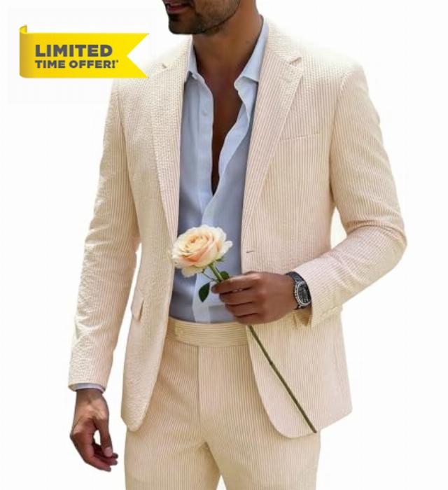 Men's Seersucker Summer Suit 2 Piece Slim Fit Pinstripe Casual Jacket & Pants for Beach Wedding/Summer Wedding