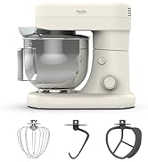 stand mixer with cookie dough inside, head tilted
