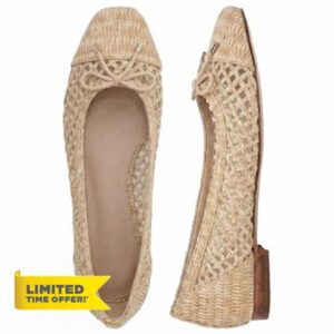 Ballet Flats Shoes for Women Raffia Square Toe Flats Dress Shoes with Bow Comfortable Slip on Woven Flats Aprico