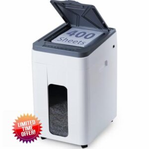 Heavy Duty Paper Shredder: 400-Sheet Auto Feed P5 Micro-Cut Document Credit Card Shredding with Jam-Proof Design for Home Office Business School