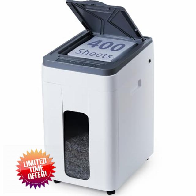 Heavy Duty Paper Shredder: 400-Sheet Auto Feed P5 Micro-Cut Document Credit Card Shredding with Jam-Proof Design for Home Office Business School