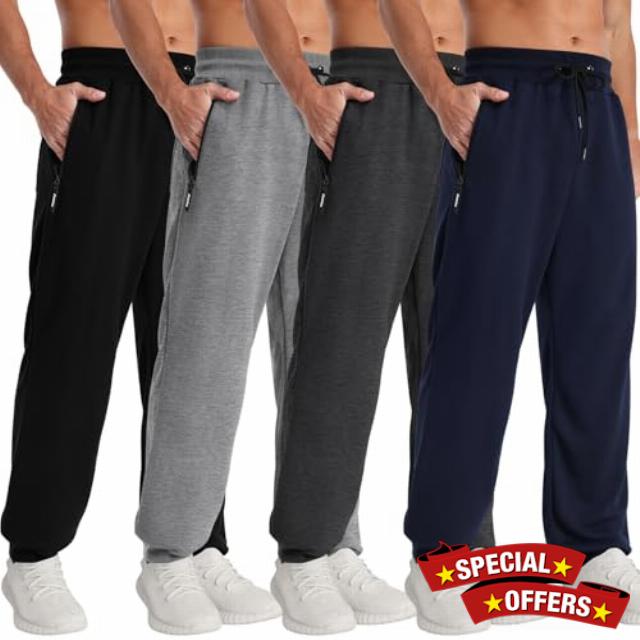 4 Pack Mens Sweatpants Mens Athletic Joggers Pants with Zipper Pocket and Drawstring Workout Sweatpants