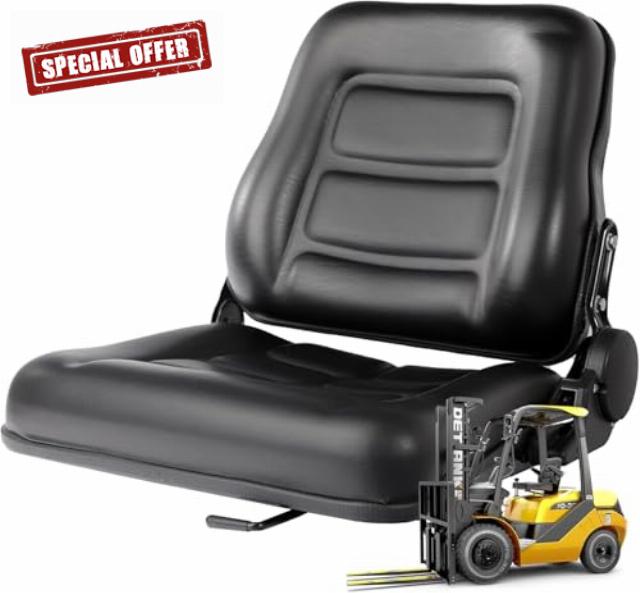 Universal Forklift Seat with Precision Pre-Drilled Multi-Hole Base (9"/11"/11.8") -Heavy Duty Waterproof PVC Replacement Seat - 6" Sliding Adjustment & 120° Recline for Tractors