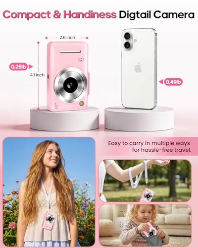 48MP Compact Portable Point and Shoot Camera for Kids Boys Girls Teens Beginner(Pink)