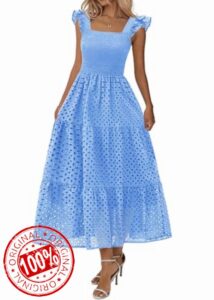 Lazysmile Womens Summer Maxi Dress Square Neck Ruffle Cap Sleeve Hollow Out Eyelet Smocked Tiered A Line Boho Sundress