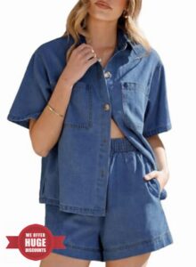 Sidefeel Womens 2 Piece Sets Denim Summer Outfits Comfy Short Sleeve Button Down Shirt High Waisted Shorts Lounge Sets