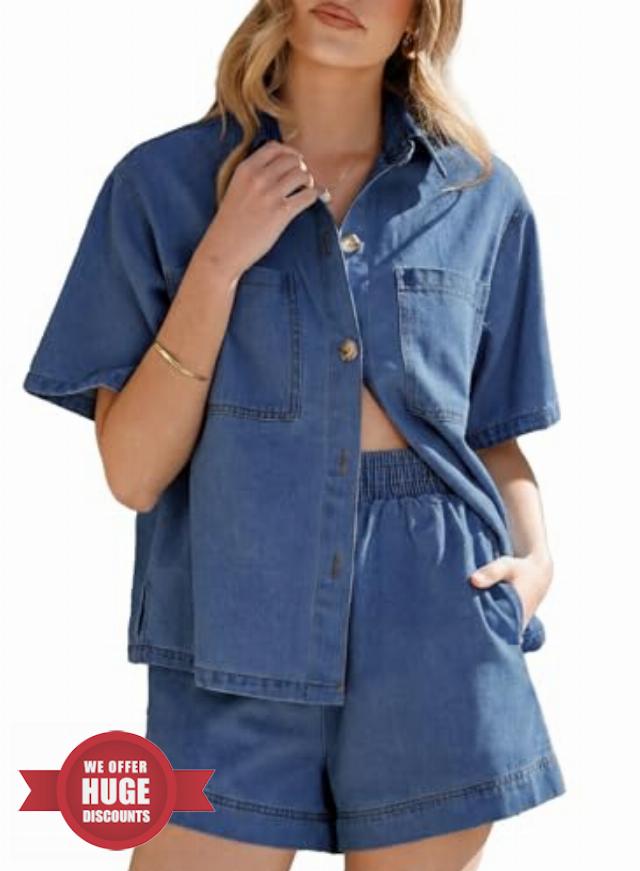 Sidefeel Womens 2 Piece Sets Denim Summer Outfits Comfy Short Sleeve Button Down Shirt High Waisted Shorts Lounge Sets