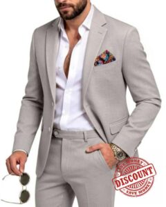 MOGU Men's Linen Suit 2 Piece Solid Mens Beach Wear Casual Slim Fit Suits Jacket and Pants for Summer Groom Wedding