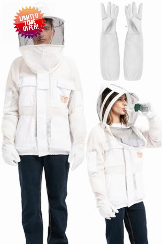 3-Layer Professional Ultra Ventilated Beekeeping Jacket with Gloves &2 Protective Veil Hoods for Men and Women
