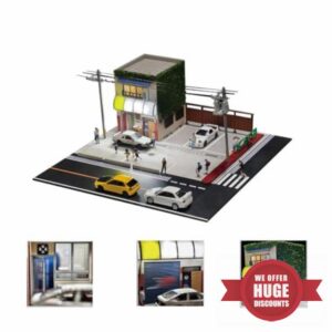 1/64 Scale Tofu Shop Building Scene Model with LED Lighting and Parking Area Two Story Miniature Street Diorama DIY Customizable & Expandable Model Car (Cars & Figures Not Included)