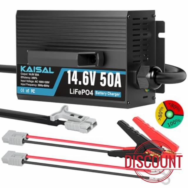 12V 50A Lithium Battery Charger 14.6V 50A Fast LiFePO4 Charger 0V Wake Up 12 Volt Lithium Charger with 8 Protection & 3 Connectors for 12.8V LiFePO4 Battery of RV