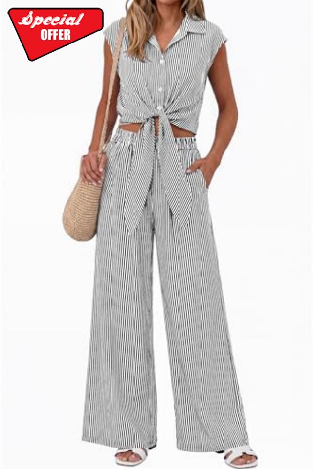PRETTYGARDEN 2 Piece Sets For Women Summer Striped Button Down Tie Front Crop Tops Wide Leg Pants Floral Lounge Set 2026