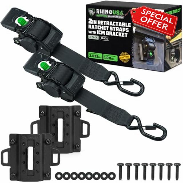 Rhino USA Integrated Cargo Magic Bed-Mounted Retractable Ratchet Straps for Ford Trucks (2015+ F-150 & 2017+ F-250) – BoxLink Compatible