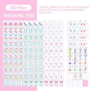 160 Pink Engraved Melamine Mahjong Tiles with Mahjong Tiles Bag and Mahjong Accessories