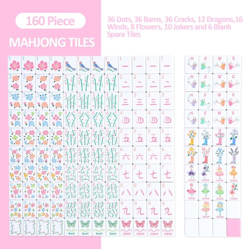 160 Pink Engraved Melamine Mahjong Tiles with Mahjong Tiles Bag and Mahjong Accessories