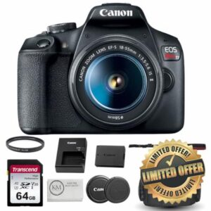 Canon EOS Rebel T7 DSLR Camera with 18-55mm Lens Bundled with 64GB Memory Card + Camera Bag + 58mm UV Filter + Microfiber Cleaning Cloth (5 Items) (Renewed)