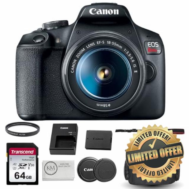 Canon EOS Rebel T7 DSLR Camera with 18-55mm Lens Bundled with 64GB Memory Card + Camera Bag + 58mm UV Filter + Microfiber Cleaning Cloth (5 Items) (Renewed)