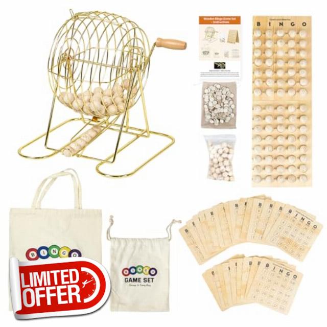 Deluxe Wooden Bingo Game Set with Large Metal Bingo Cage