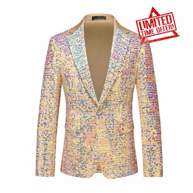 Mens Sequin Blazer Party Prom Wedding Tuxedo One Button Jacket Notch Lapel Collar Club Party Evening Stage Coa