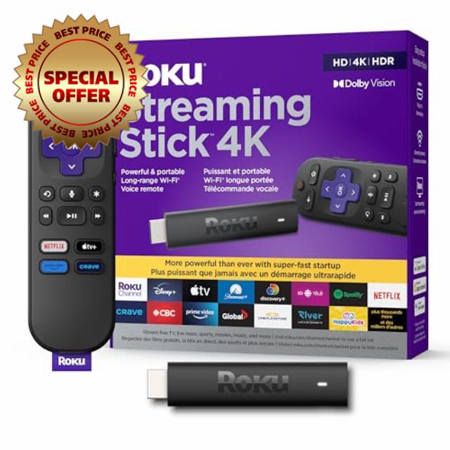 Roku Streaming Stick 4K | Streaming Device 4K/HDR/Dolby Vision with Voice Remote with TV Controls and Long-Range Wi-Fi (Renewed)