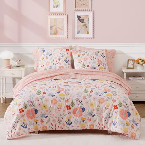 5 Pieces Pink Bedding Set with Pastel Flower