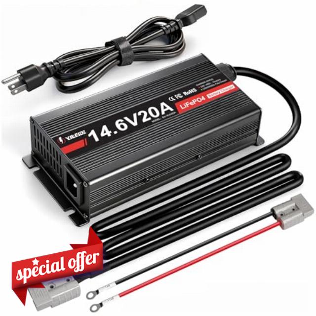 12V 20A Lithium Battery Charger 14.6V LiFePO4 Battery Charger with Anderson Connector for Deep Cycle Batteries of RV